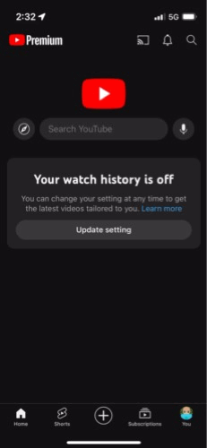 GIF of my YouTube page being clean thanks to Watch History being turned off