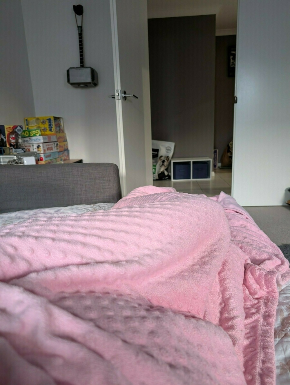 A pink blanket covers a couch or bed in a room with an open door, revealing a hallway or another room with various household items and board games.