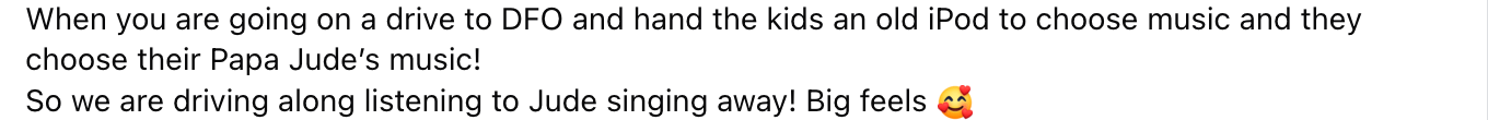 Auto-generated description: A message describes a drive where kids picked their grandfather's music from an old iPod, leading to emotional feelings.