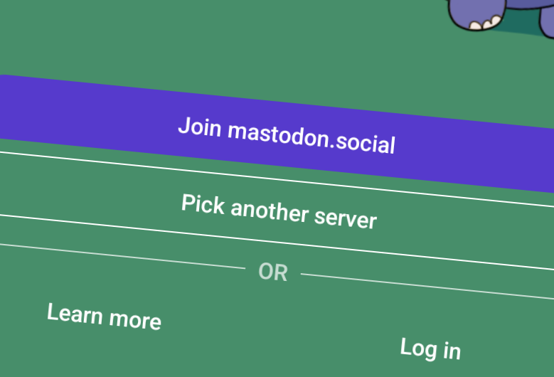 Auto-generated description: A web interface shows options to join mastodon.social, pick another server, or log in.