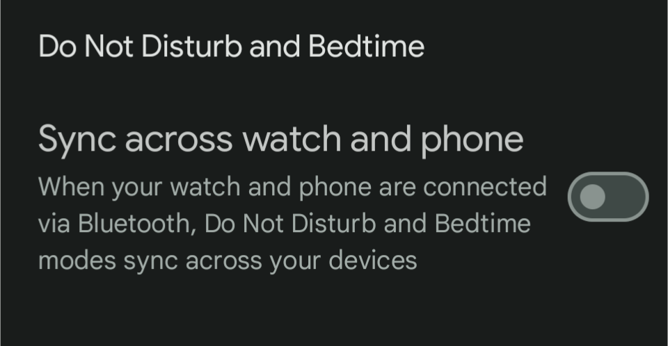 Auto-generated description: Settings screen showing a toggle option for syncing Do Not Disturb and Bedtime modes across a watch and phone via Bluetooth.