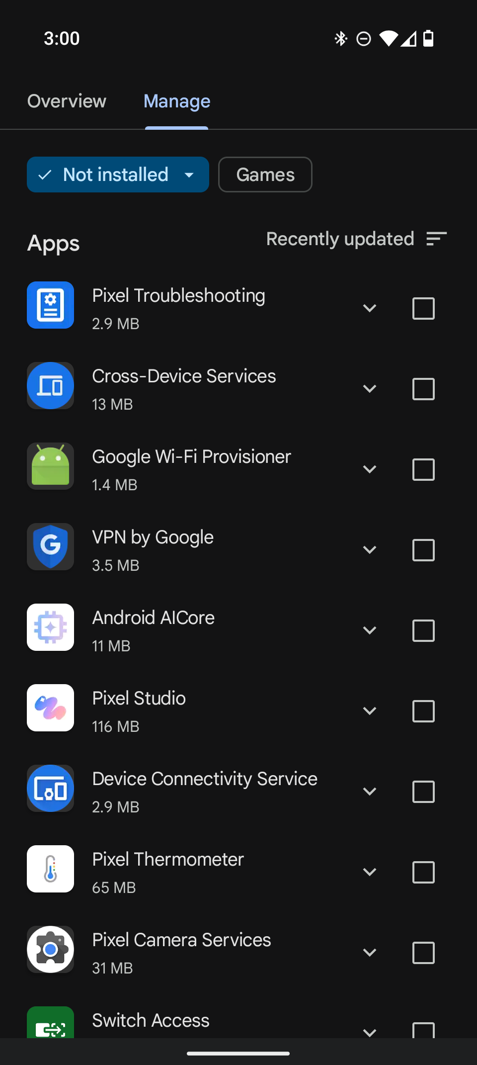 Auto-generated description: A mobile device screen displays a list of non-installed apps with their sizes, under the Manage tab in an app store interface.