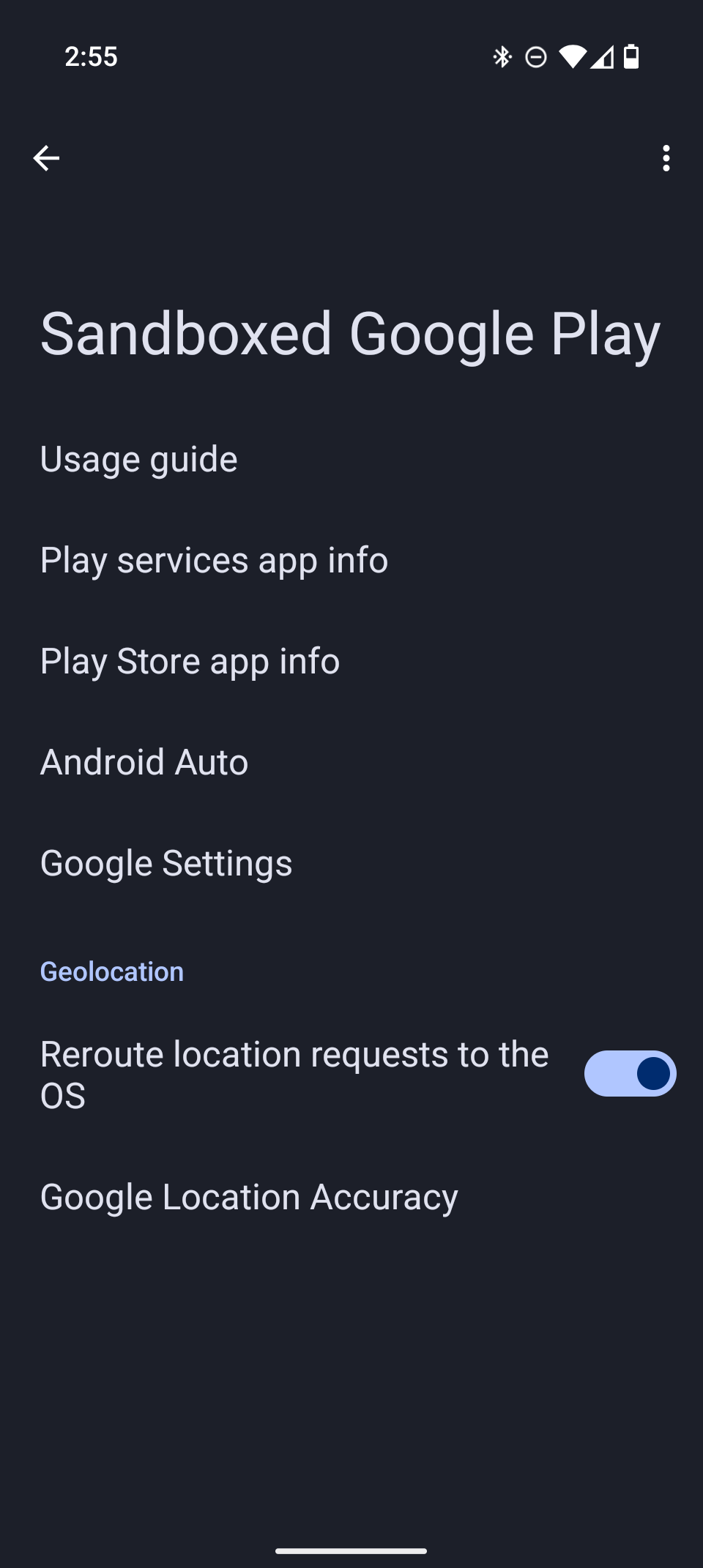 Auto-generated description: A smartphone screen displays the Sandboxed Google Play settings menu with options related to app info, geolocation, and location accuracy.