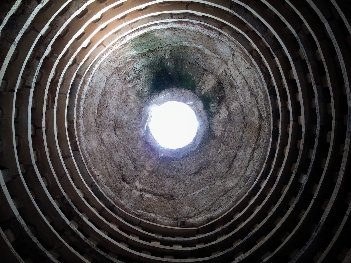 looking up from inside a dovecote