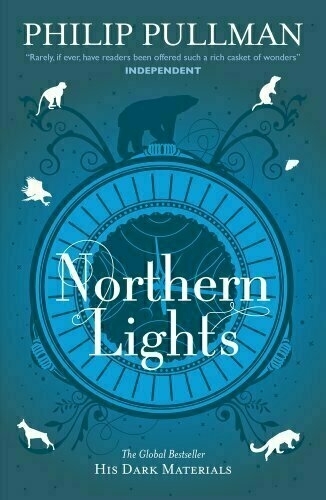 Auto-generated description: A striking book cover for Northern Lights by Philip Pullman features mystical animal silhouettes around an intricate geometric design.