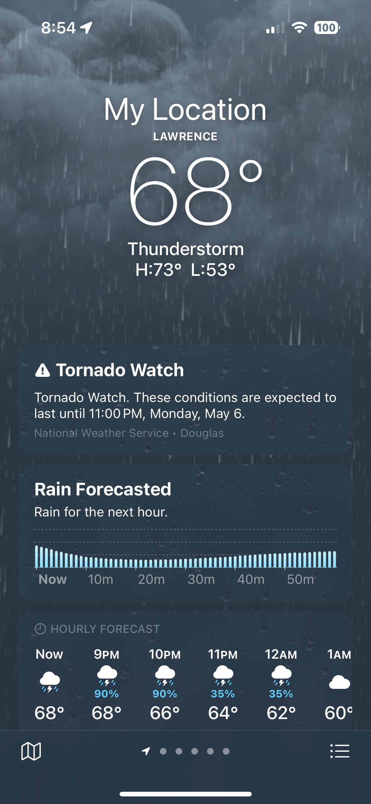 iPhone Weather app screen showing its 68F with a Thunderstorm with a Tornado Watch
