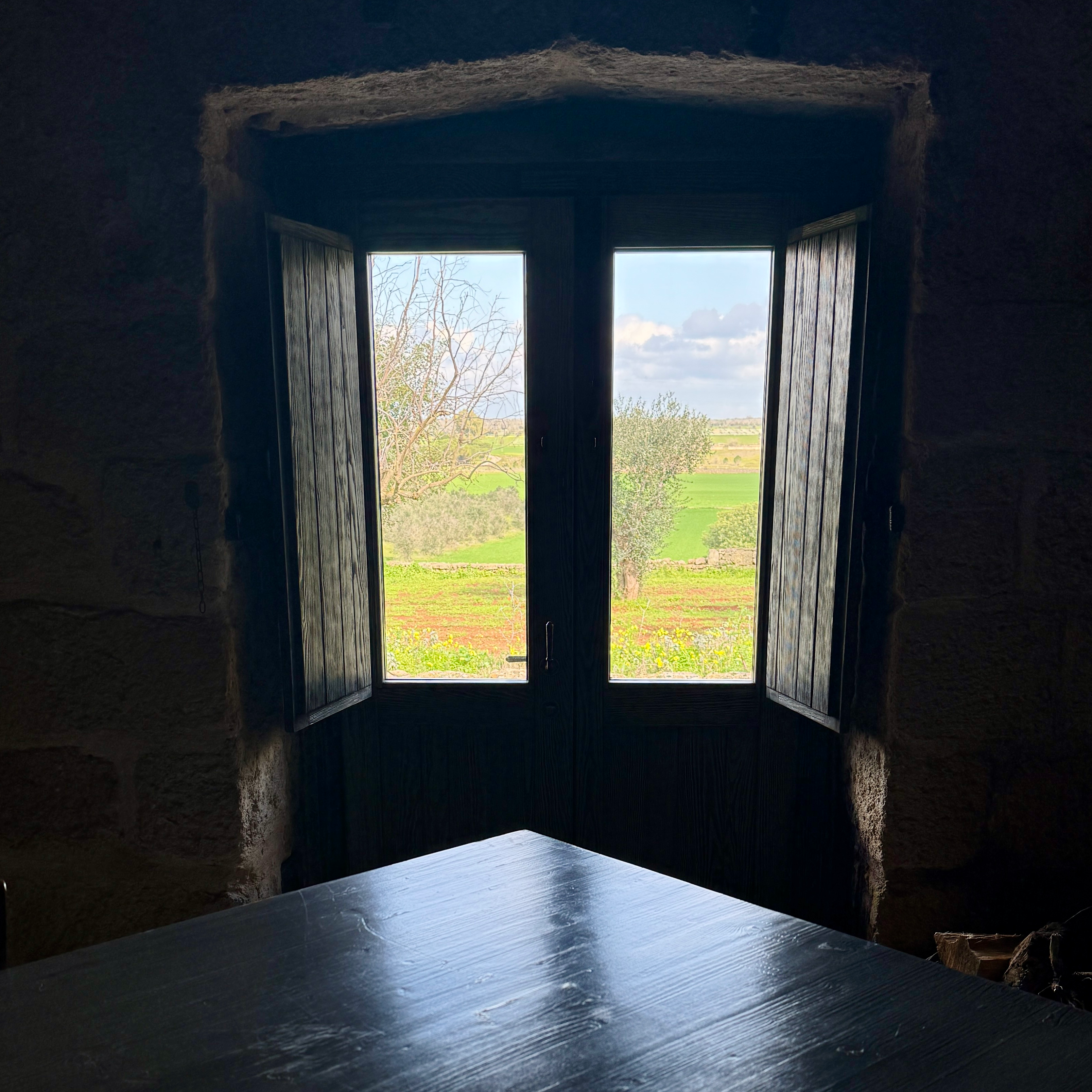 A dark room with a large wood table overlooking green countryside. 