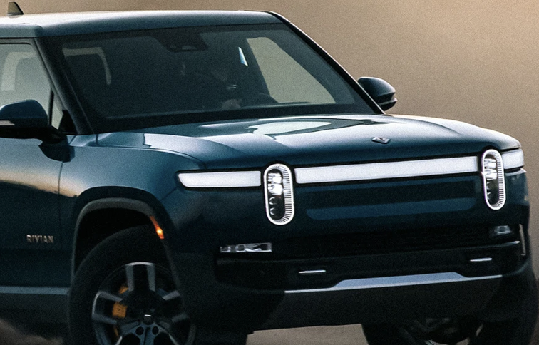 Rivian electric vehical front view with oval signal and head lamps