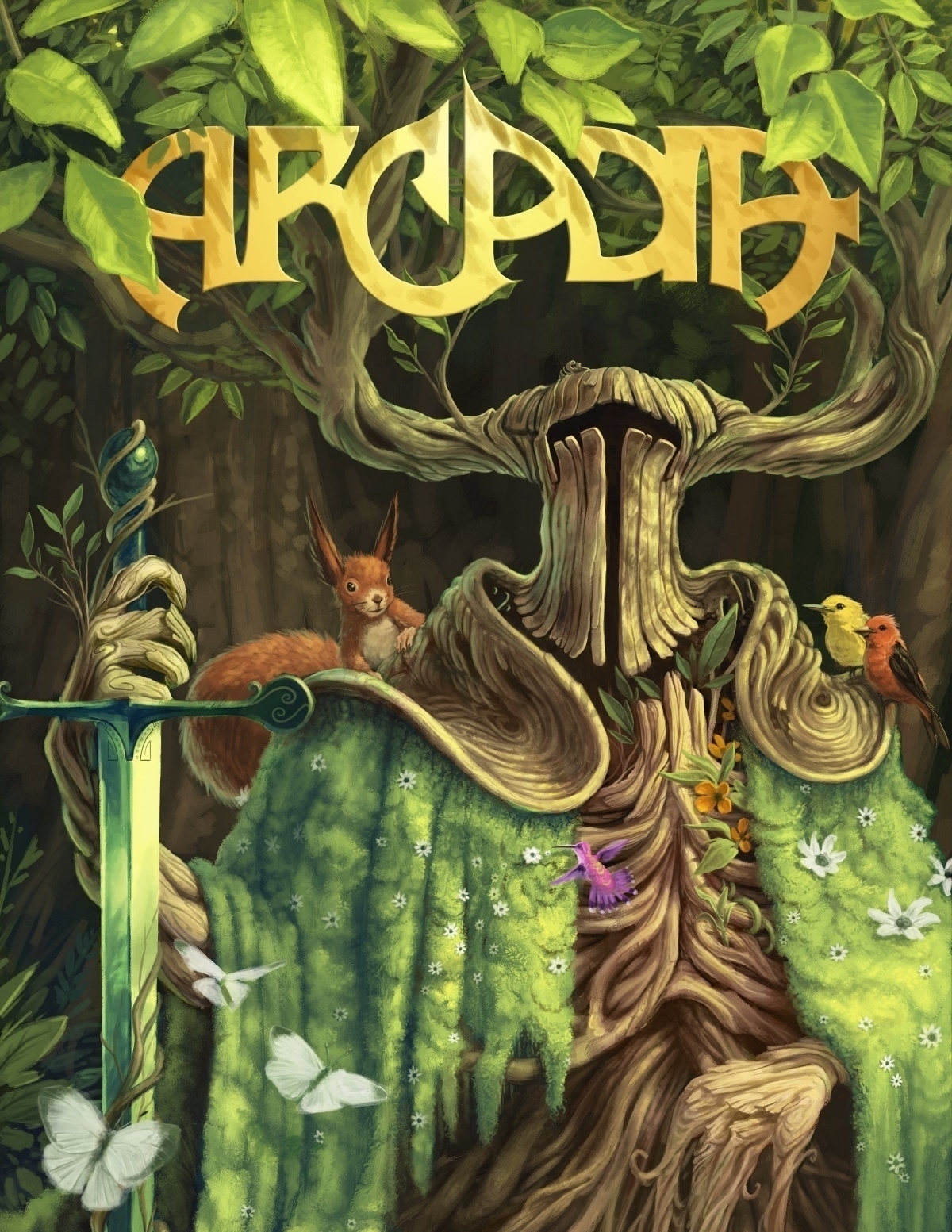 Magazine cover Arcadia depicting a plant life humanoid in form of a knight who has a squirrel on one shoulder and two birds on the other. Knight also holding a sword, blade tip against ground.