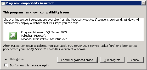 Sql 2005 warning message