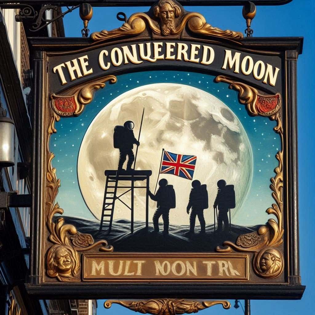 An ornate sign depicts astronauts on the moon with a British flag, against an illuminated moon backdrop, framed in a decorative border.