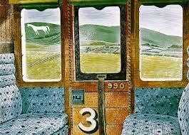 Ravilious' painting of Westbury white horse, looking out of an old train carriage window. The painter is looking out of the window, not the horse