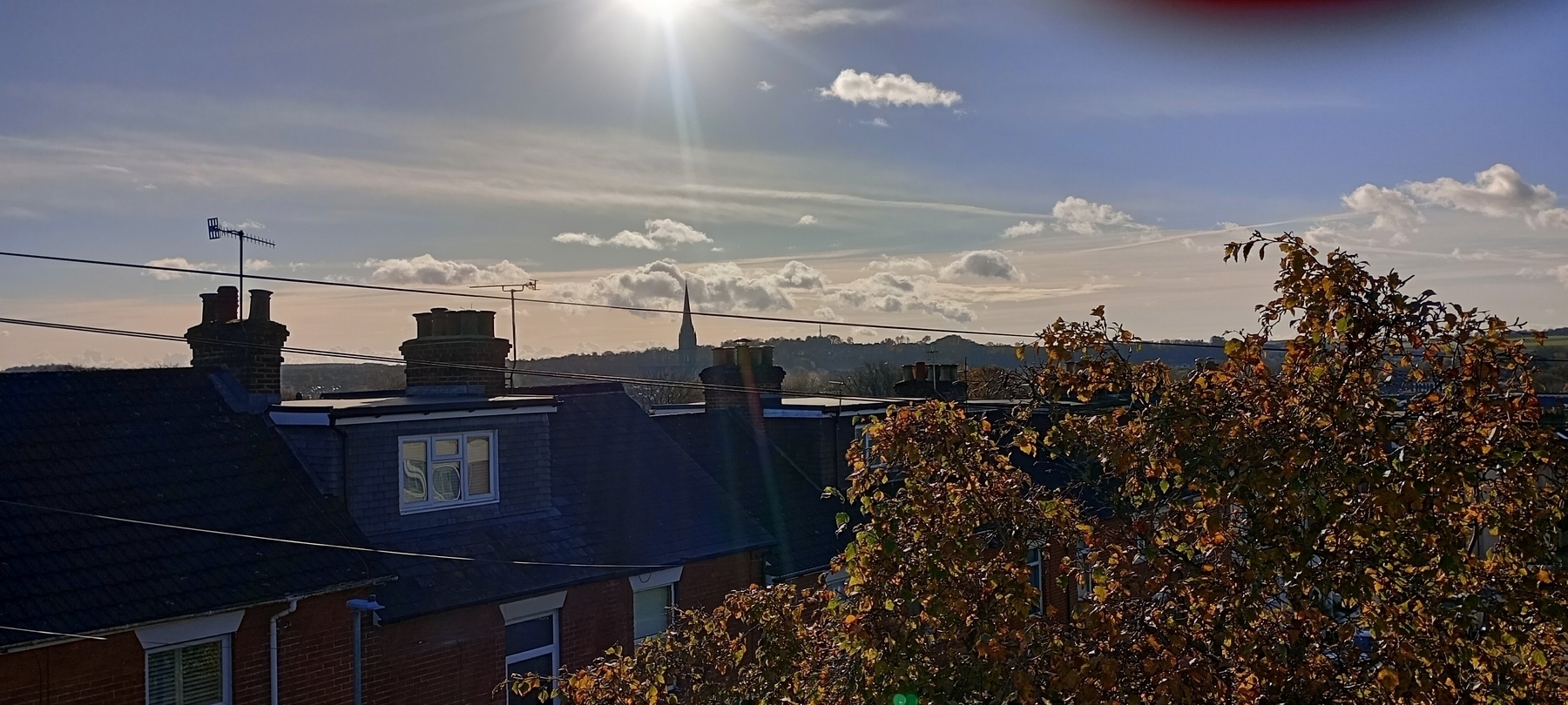 A sunny view from a rooftop overlooking brick houses, autumn trees, and the distant spire of Salisbury Cathedral amidst rolling hills.