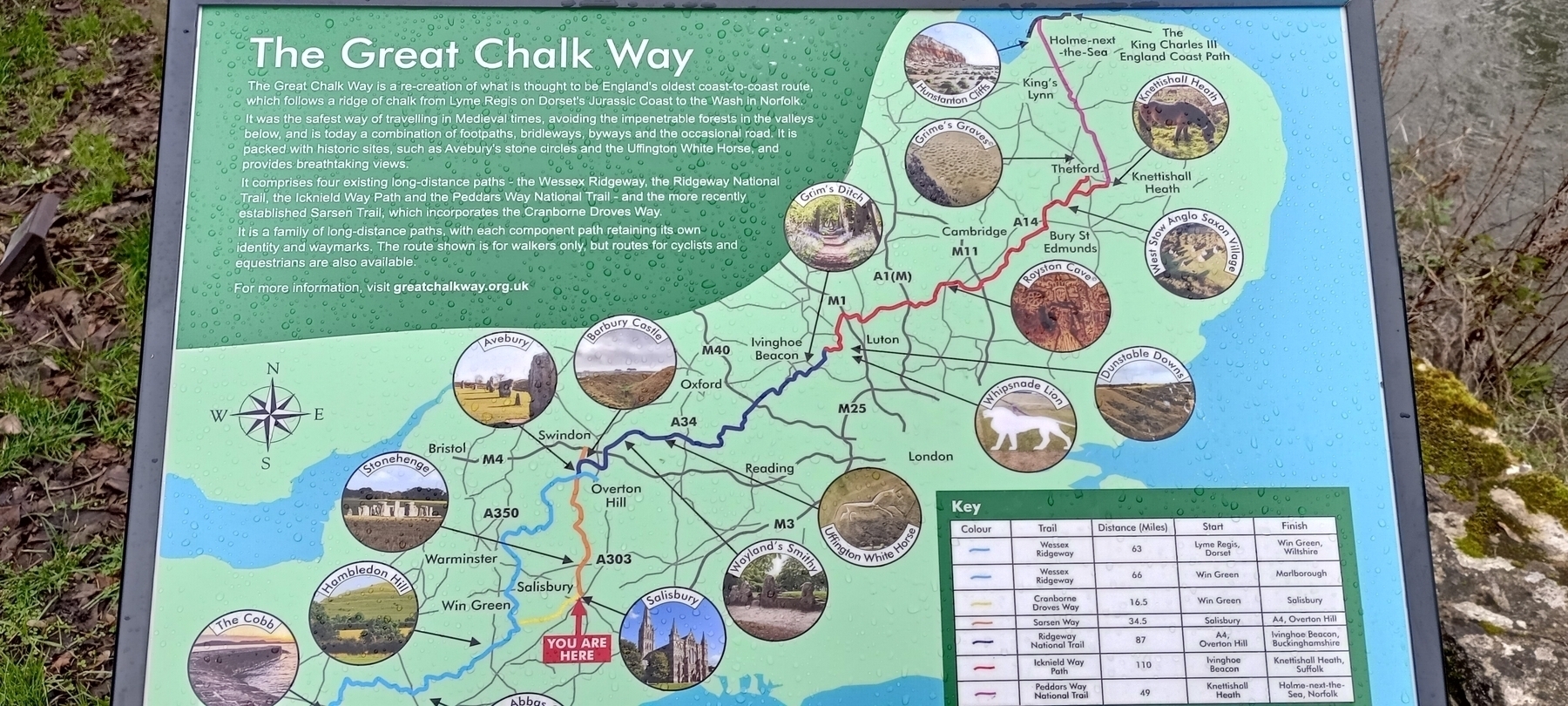 A map and informational board titled Great Chalk Way showcases circular images of landmarks, a key with symbols, and a detailed walking trail through Southern England.