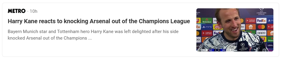 Headline saying 'Harry Kane reacts to knocking Arsenal out of the Champions League'...with a photo of Mr Kane looking particularly cheerful