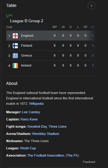 Screenshot of England info, showing league table, manager and the very dubious 'Fight Songs'