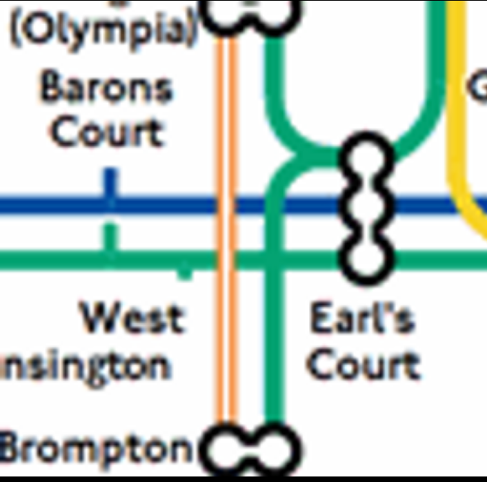 A bit of the Tube Map, showing Barons Court without an apostrophe, and Earl's Court with one