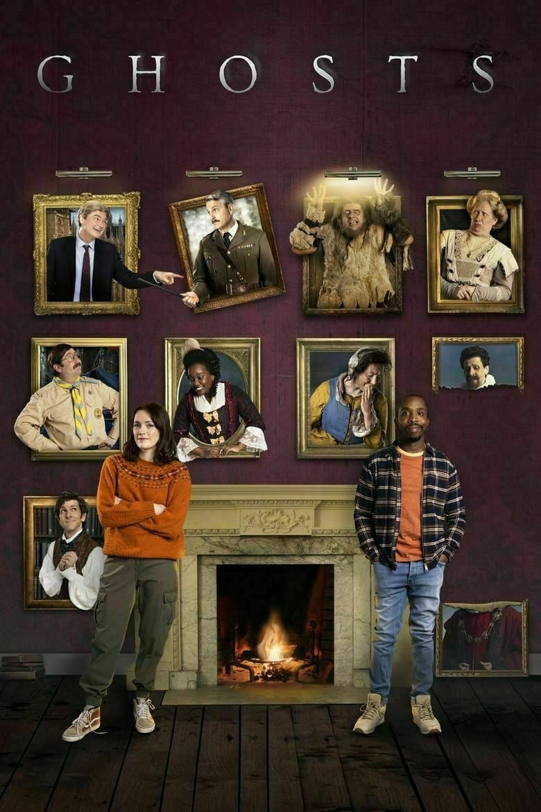 A group of people is displayed in picture frames on a wall with two individuals standing in front of a fireplace, all under the word "GHOSTS."