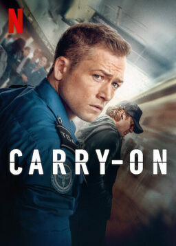 A man in a blue uniform is featured prominently with another person behind him, and the word CARRY-ON appears at the bottom along with a Netflix logo at the top.