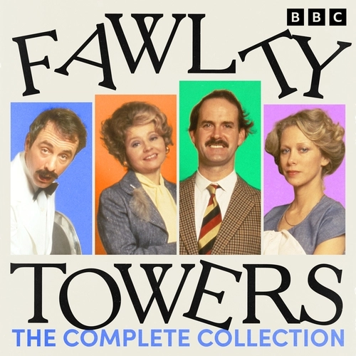 A promotional cover for Fawlty Towers: The Complete Collection featuring the main characters with colorful backgrounds and the BBC logo.