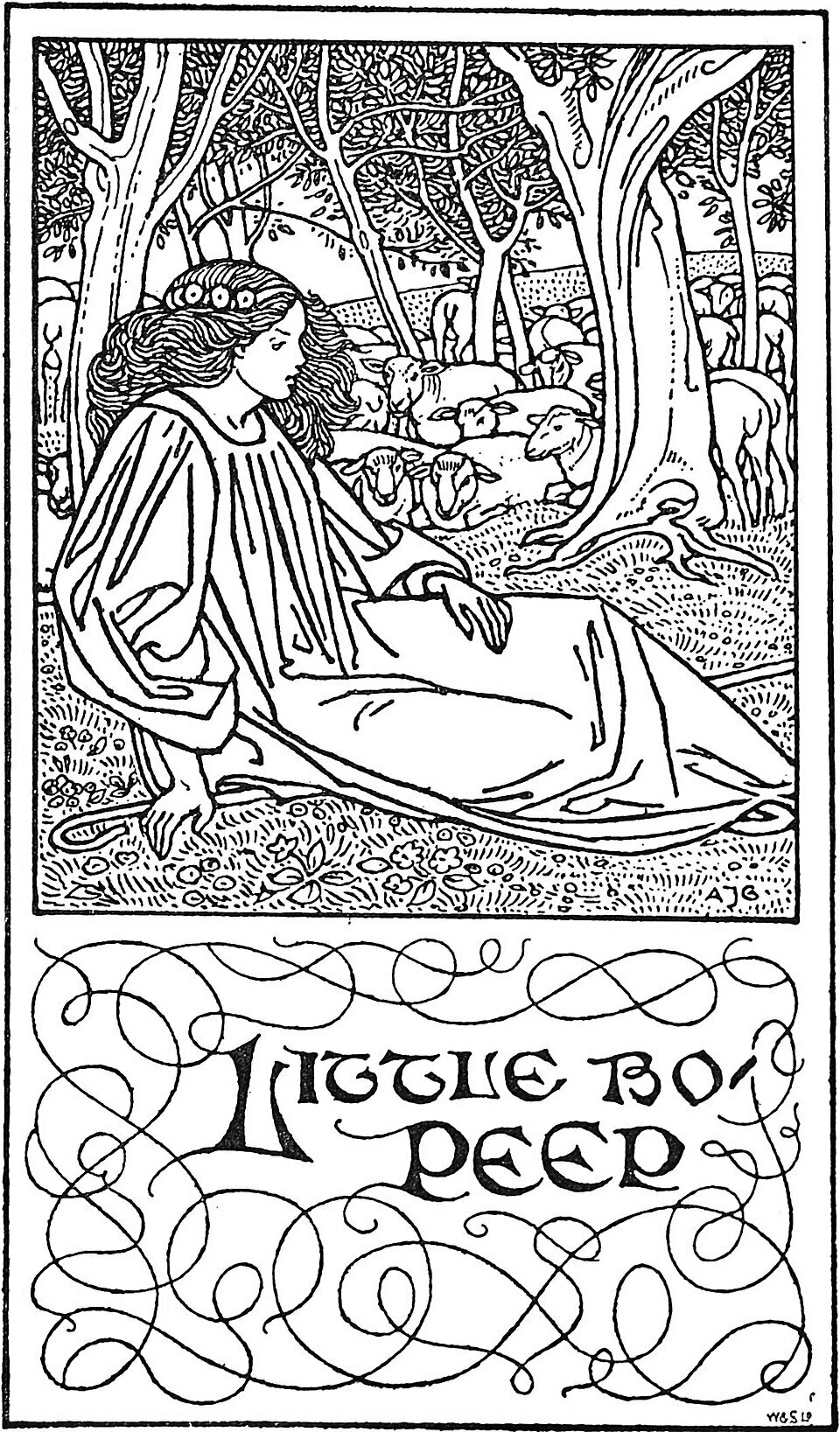 From Wikimedia commons probably by Gaskin, Arthur. Art-deco-y book illustration of Bo Peep
