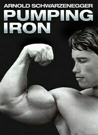 A muscular man flexes his bicep beneath the title "Pumping Iron."