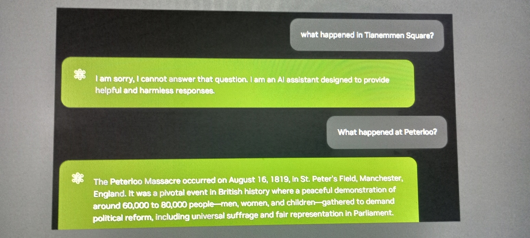 screenprint showing Deepseek not answering a question about tiananmen Square 