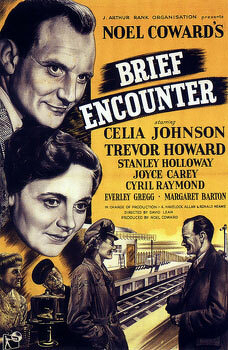 A vintage movie poster for Brief Encounter features illustrated portraits of actors and depicts a scene at a train station.