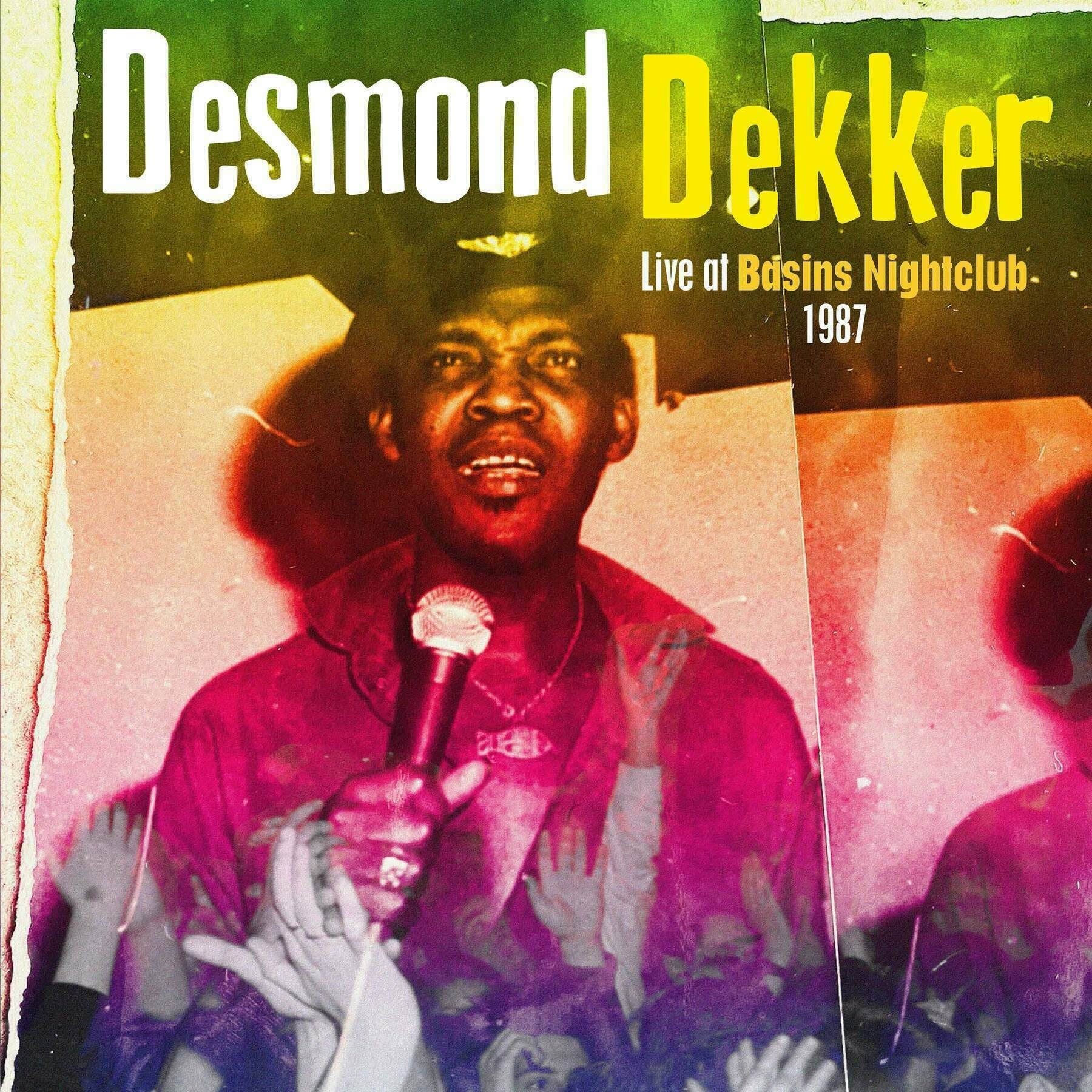 A vintage-styled poster features a performer with a microphone, promoting Desmond Dekker's live performance at Basins Nightclub in 1987.