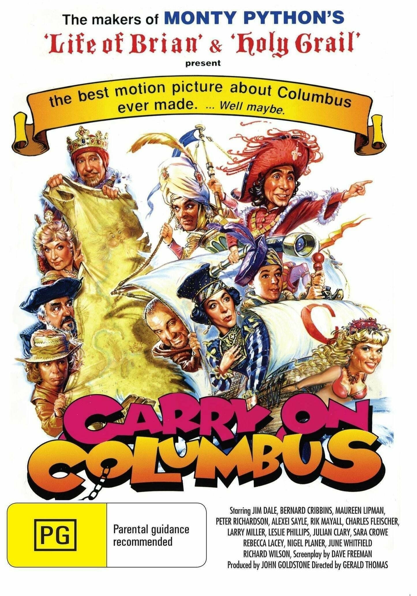 Auto-generated description: A comedic movie poster titled Carry On Columbus features caricatures of historical figures and comedic characters against a yellow backdrop, offering a humorous take on Christopher Columbus's story.