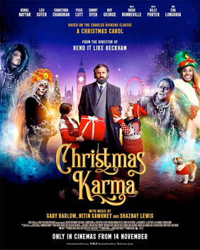 A festive movie poster features a diverse cast in colorful costumes surrounded by Christmas-themed elements, including a man holding presents and a dog wearing a holiday outfit.