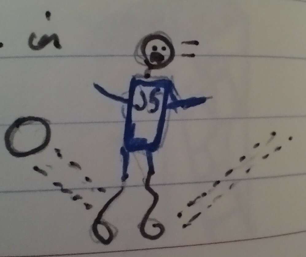 A childlike drawing of a stick figure wearing a blue outfit with JS on it, standing on a lined surface with small dots around.