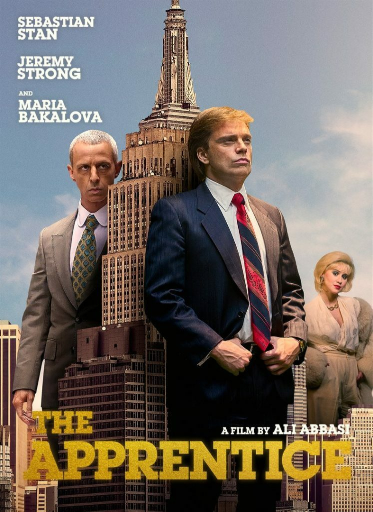 Three individuals are depicted against a backdrop of a tall city building, with text indicating a film called The Apprentice by Ali Abbasi.