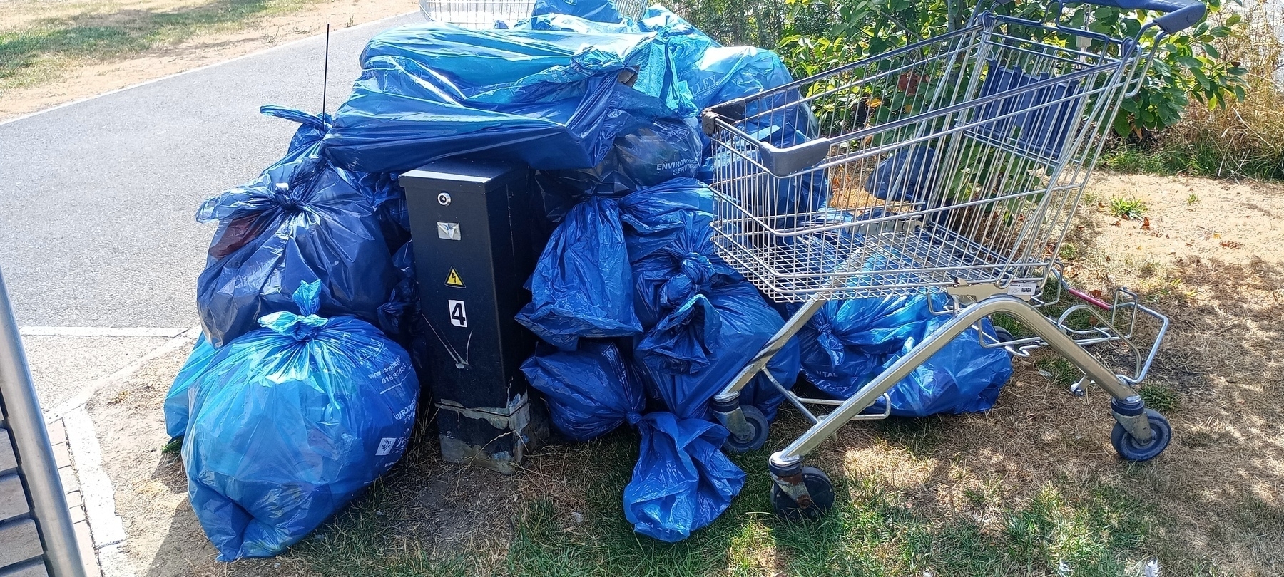A pile of blue garbage bags is stacked next to an overturned shopping cart on grass near a paved area.