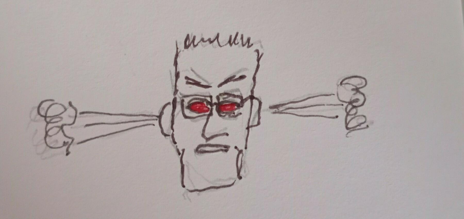 A hand-drawn sketch depicts a person with exaggerated red eyes and steam coming out of their ears.