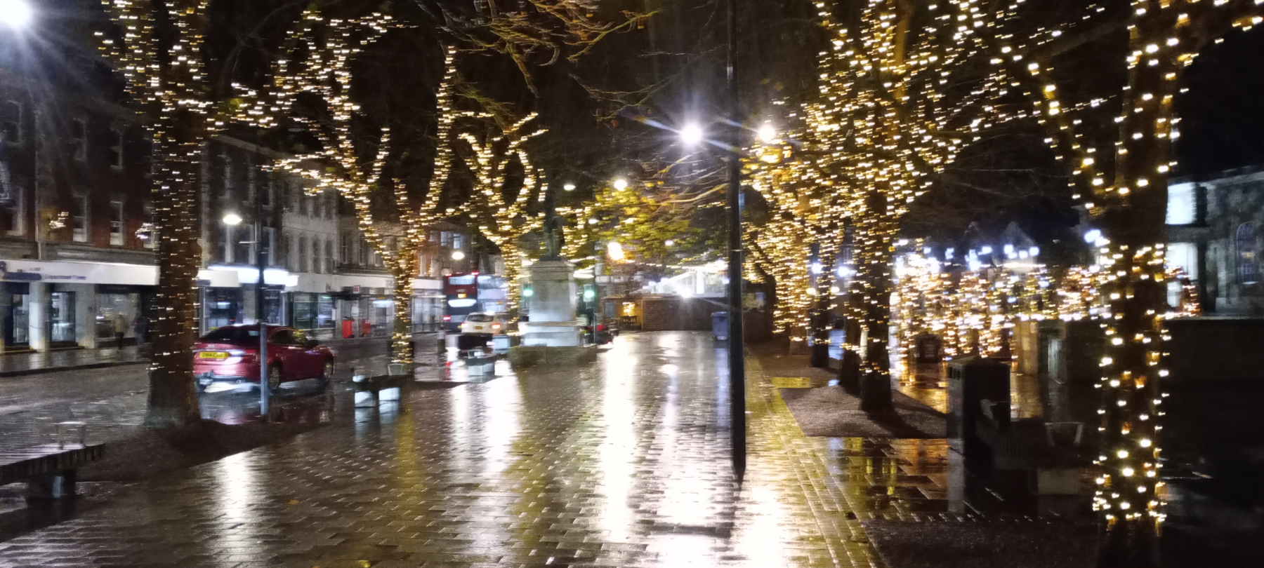 A festive street is illuminated by strings of lights wrapped around the trees lining the wet sidewalk.