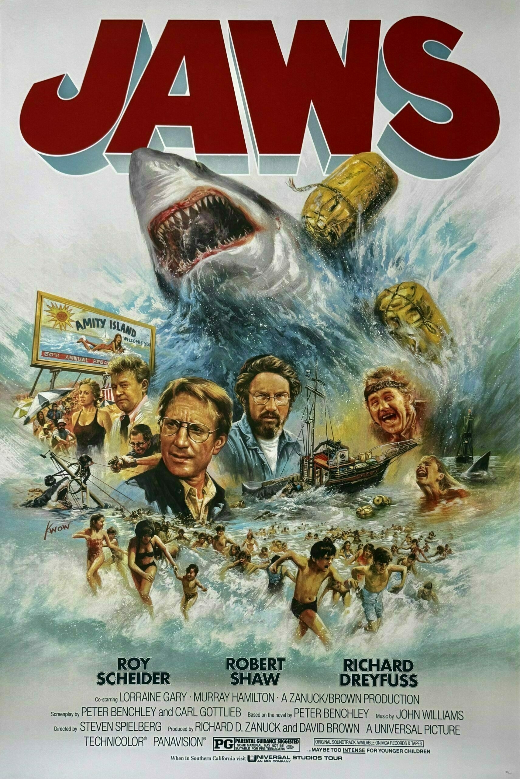 A giant shark emerges from the ocean above an illustration of chaos, featuring several people swimming and the main characters from the movie "Jaws."