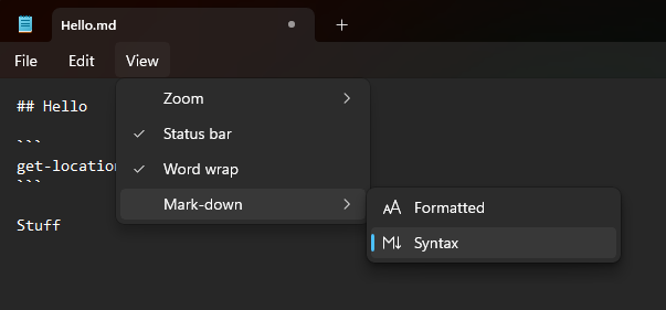 A text editor window displays a markdown file with options for zoom, status bar, word wrap, and syntax formatting settings.