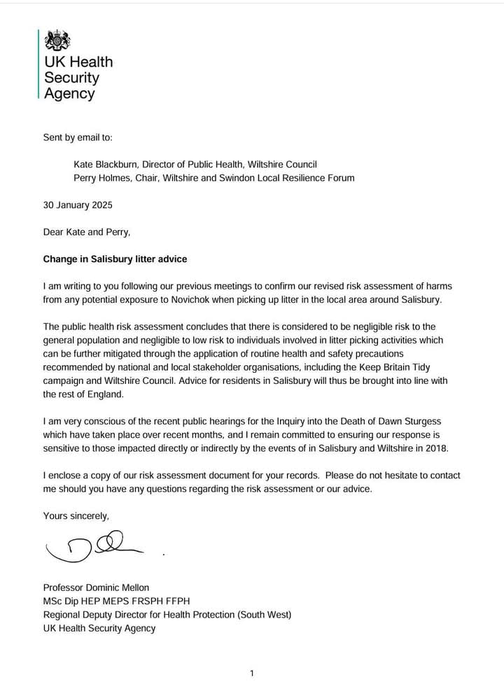 A letter from the UK Health Security Agency addresses changes in Salisbury due to the risk of Novichok exposure, with details on public health hearings and contact information.