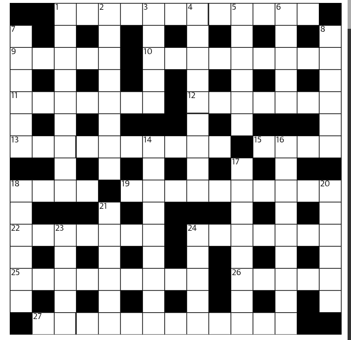 A black-and-white crossword puzzle grid with numbered squares and various patterns of black boxes.