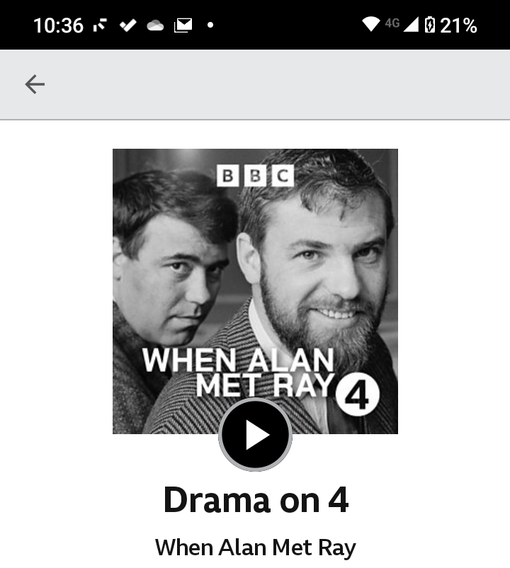 A black and white promotional graphic for a BBC Radio 4 drama titled "When Alan Met Ray," featuring two men.