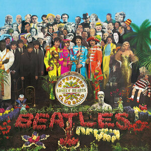 A colorful collage features a variety of people and elements surrounding the title "Sgt. Pepper's Lonely Hearts Club Band" in a garden setting.