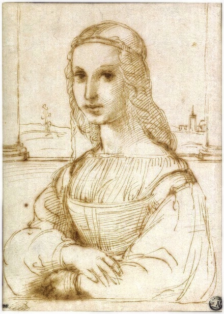 A sketch depicts a woman with a serene expression, hands crossed, and a distant cityscape in the background.