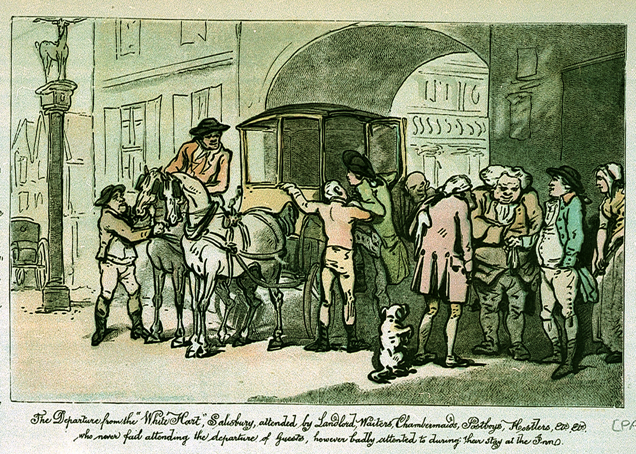 A group of people is gathered around a horse-drawn carriage in a bustling street scene, with a dog observing nearby.