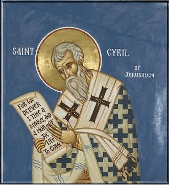 A religious icon depicts Saint Cyril of Jerusalem holding a scroll with writings against a blue background.
