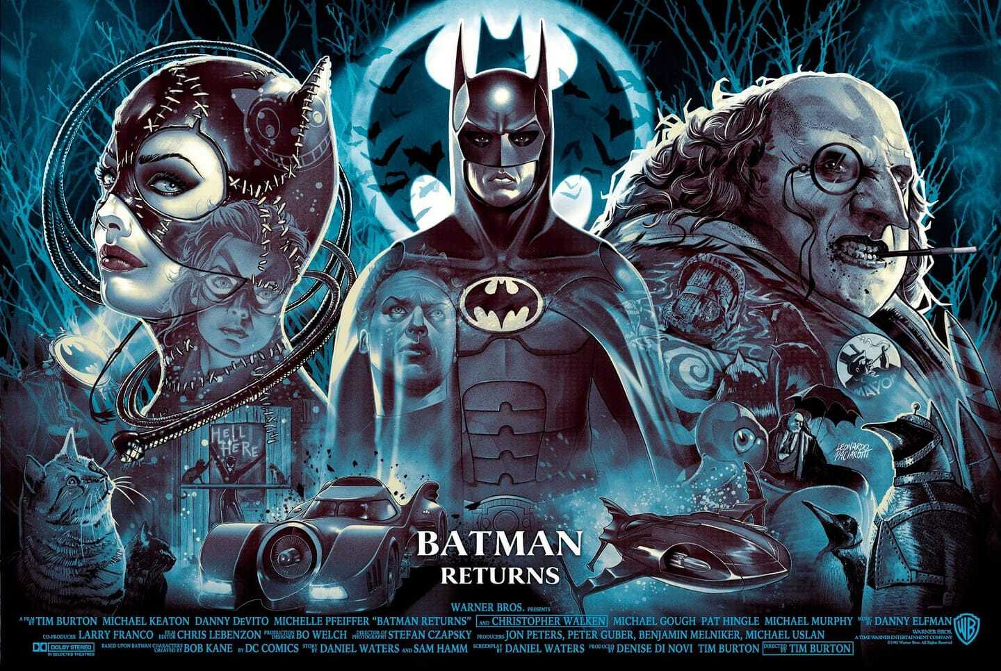 A stylized poster for Batman Returns features Batman, Catwoman, and the Penguin against a dark, wintery urban backdrop.