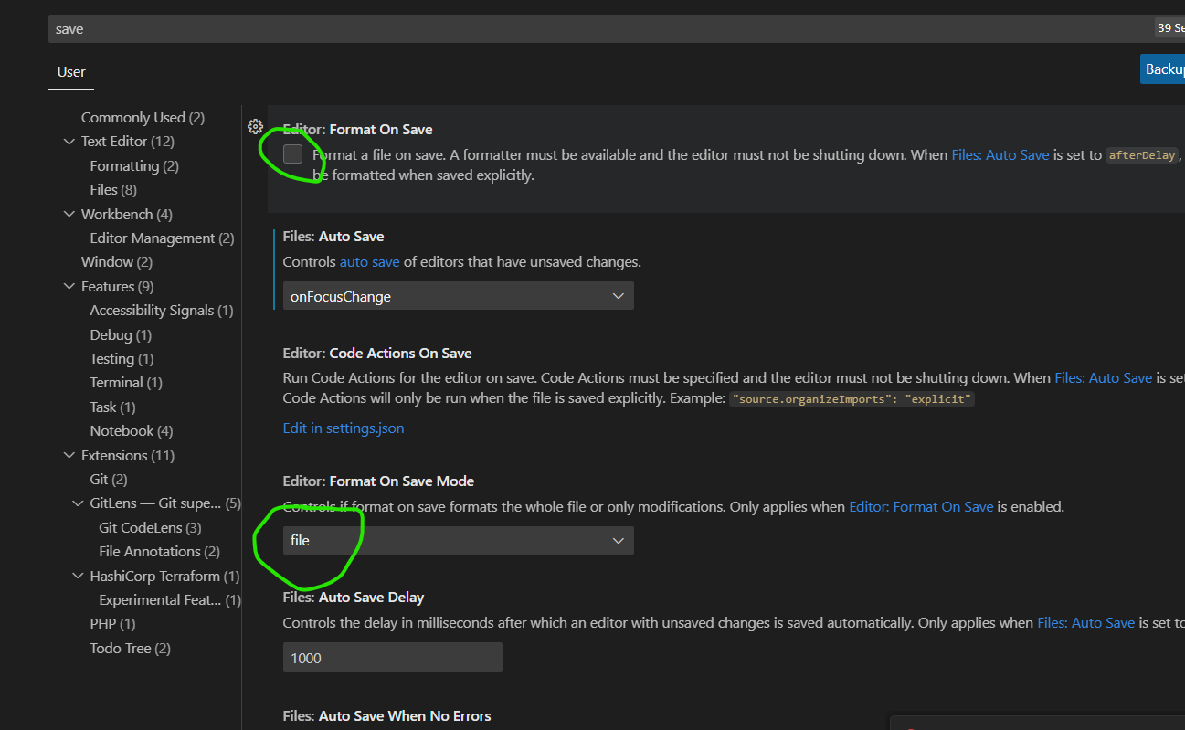 turning on Format on save and format whole file