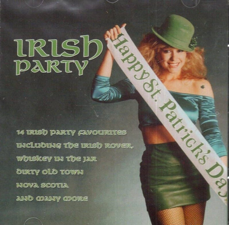 A woman wearing a green outfit and hat holds a sash that reads Happy St. Patrick's Day next to text promoting an Irish party music collection.
