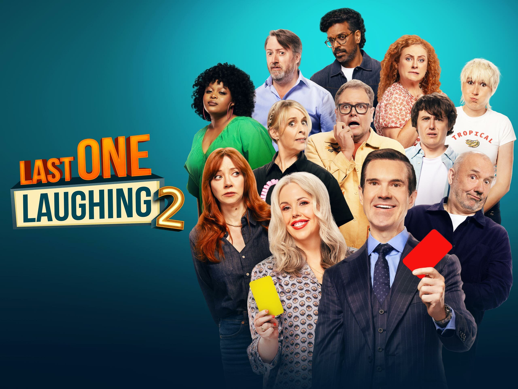 A group of people, each displaying different facial expressions, are featured alongside the title Last One Laughing 2 with two individuals prominently holding colored cards.