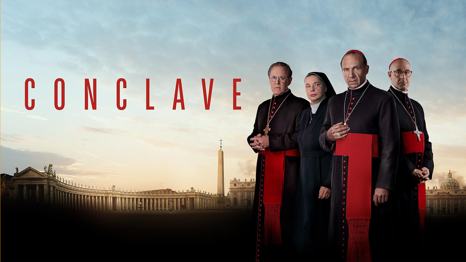 Four people in religious attire stand in front of a backdrop of the Vatican, with the word Conclave written above them.